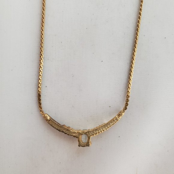 NECKLACE Gold Tone With 4 Small Clear & 1 Center Sky Blue Rhinestones 19” - Picture 16 of 16